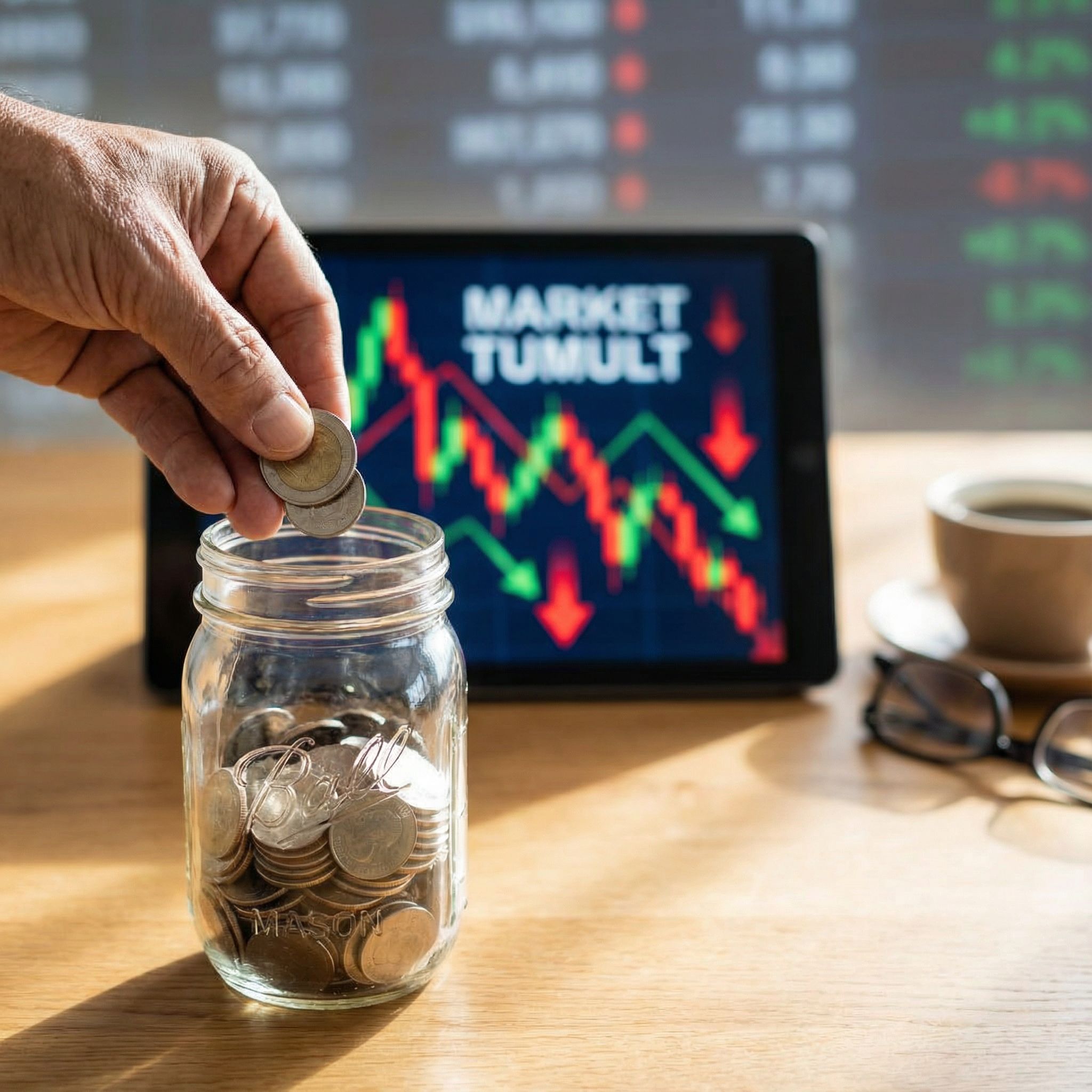 화면에 펼쳐진 혼란스러운 주식 차트를 무시한 채 조용히 동전을 병에 넣는 손의 모습이다.
