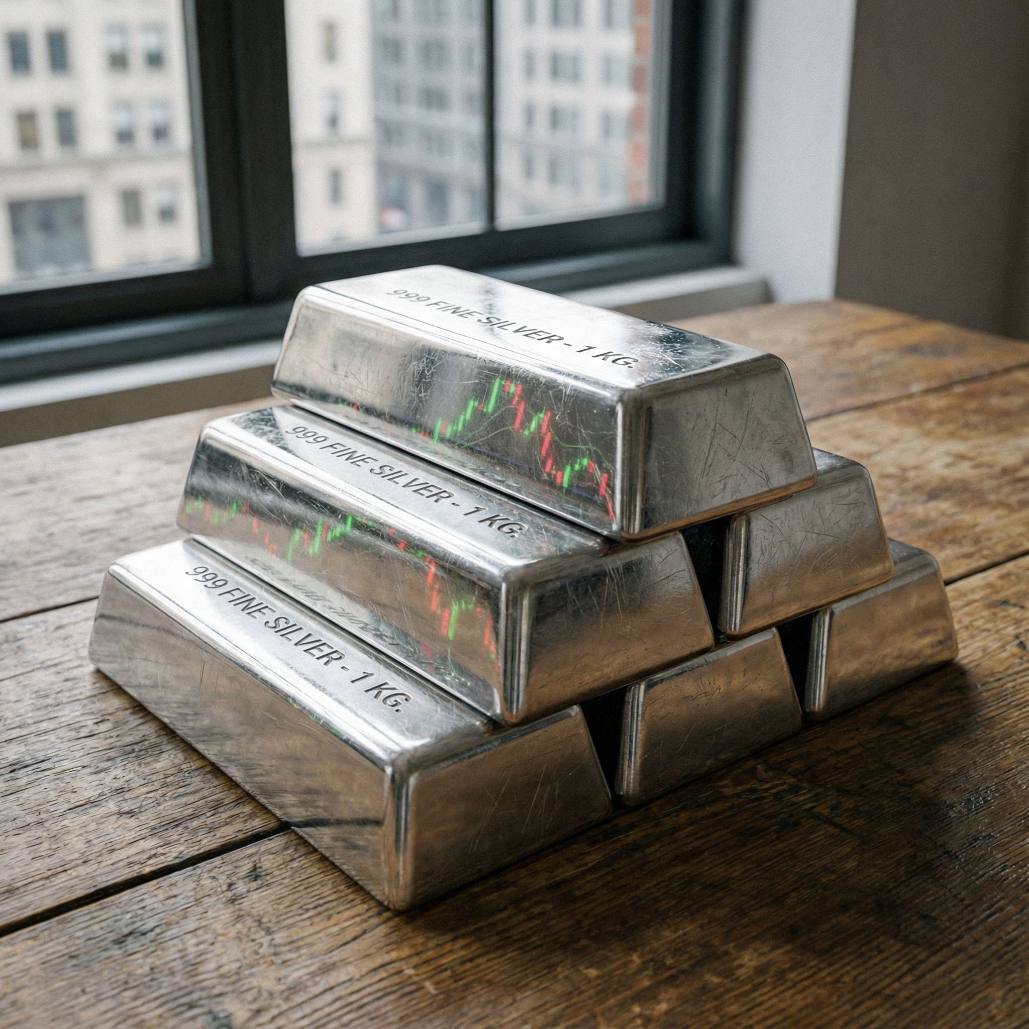 은색 금괴가 탁자 위에 쌓여 있고 그 반짝이는 표면에 주식 차트가 희미하게 비친 모습이다.
