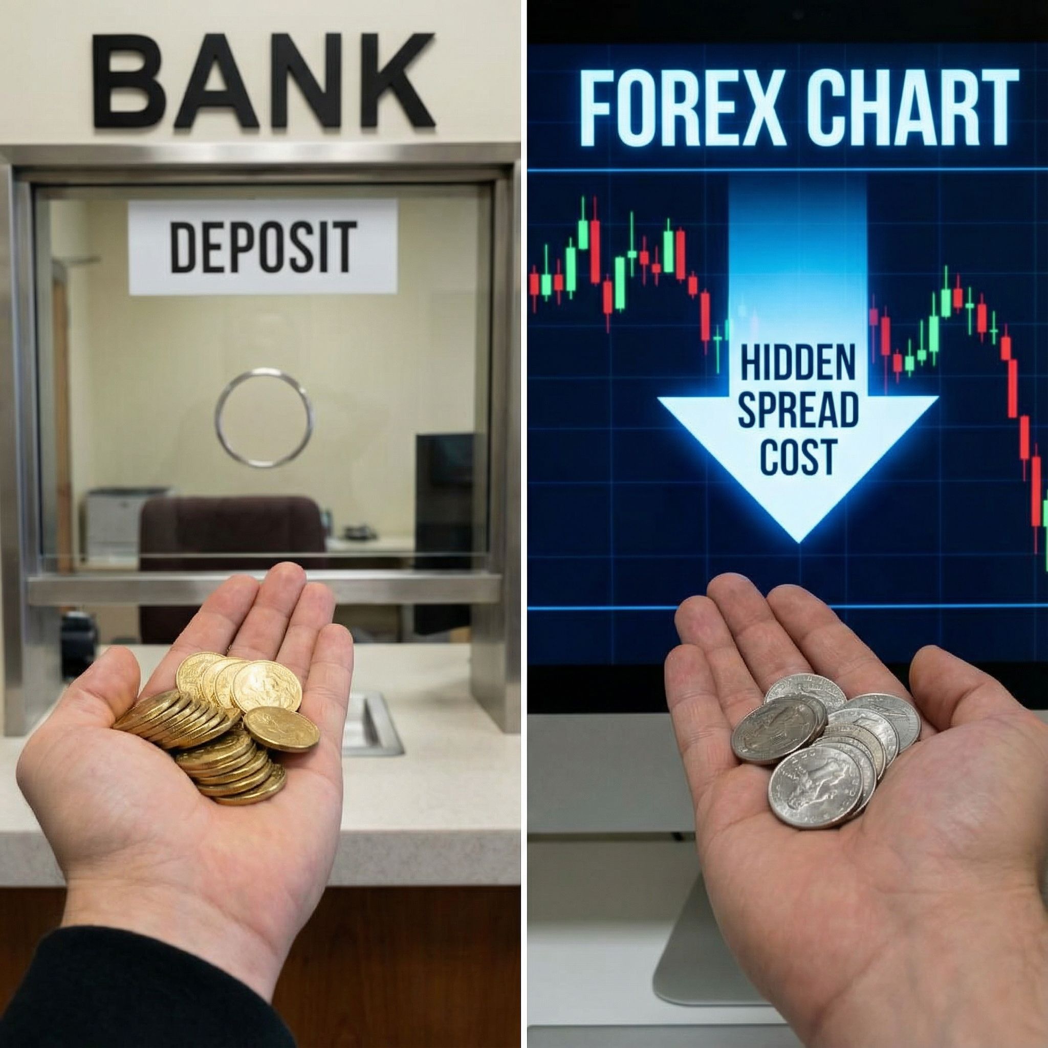 한 손이 은행에 동전을 건네는 동안 다른 손이 외환 차트에서 더 적은 동전을 받는 모습으로 숨겨진 스프레드 비용을 시각화한 이미지입니다.