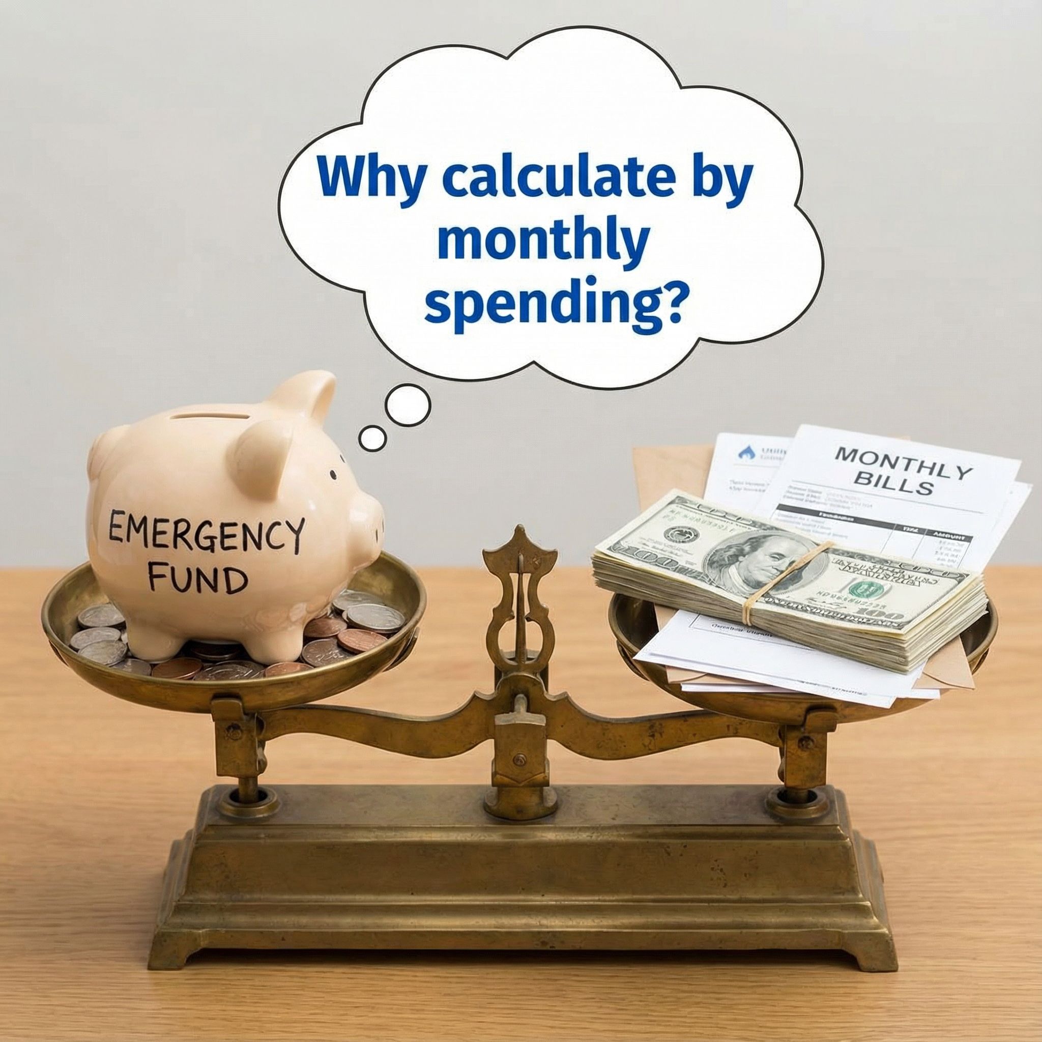 비상금이라 적힌 돼지 저금통이 저울 한쪽에 놓이고 반대편에는 월별 청구서 더미가 균형을 이루고 있습니다.