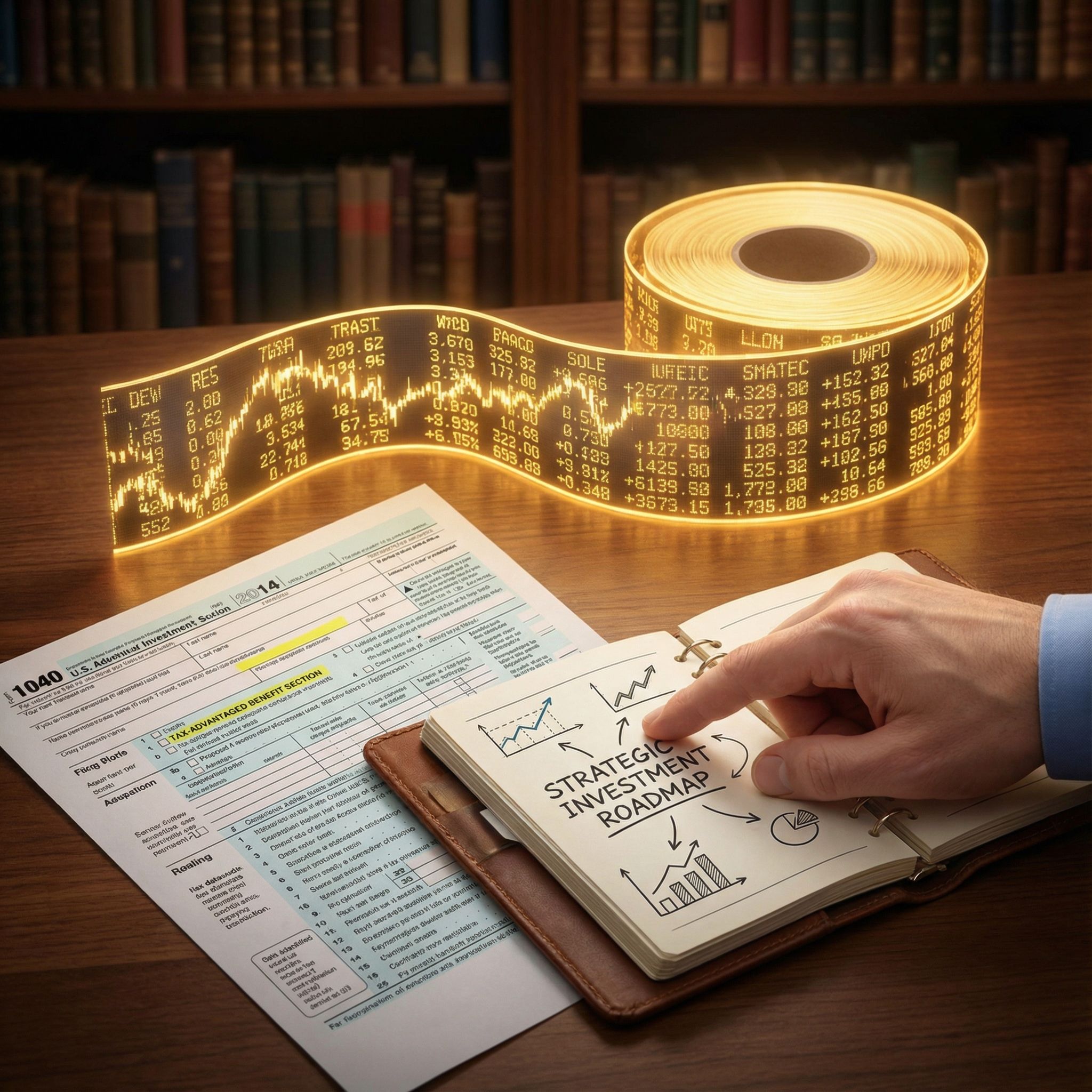금색 주식 시세 테이프, 혜택 부분이 강조된 세금 신고서, 그리고 전략적 투자 로드맵을 가리키는 안내하는 손이 함께 배치된 모습이다.