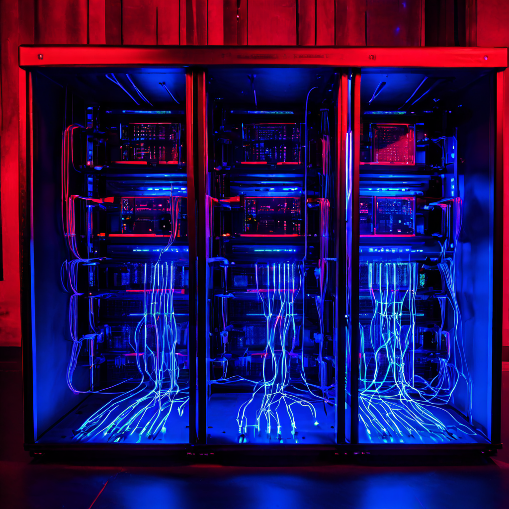 정상적인 데이터 흐름과 오류 상태가 대비되는 서버 랙의 모습으로, 질서 정연한 청색 노드와 혼란스러운 적색 오류 노드가 분할 화면을 통해 시스템 모니터링 개념을 시각화합니다.