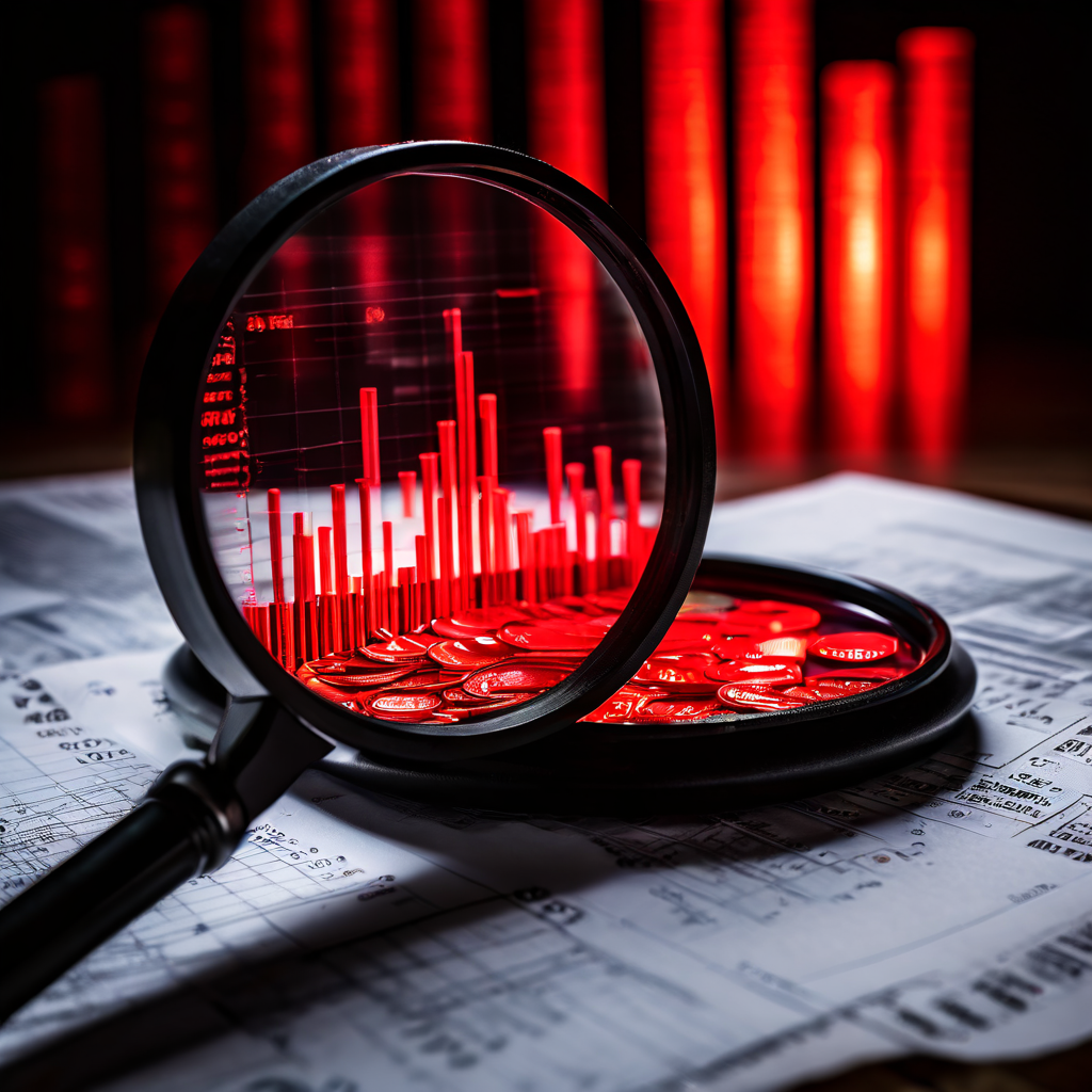 재무 보고서 위에 놓인 돋보기가 방대한 검은색 숫자 열 사이에서 빨갛게 빛나는 0.01 화폐 단위의 미세한 불일치를 강조하여 발견하는 모습을 보여줍니다.