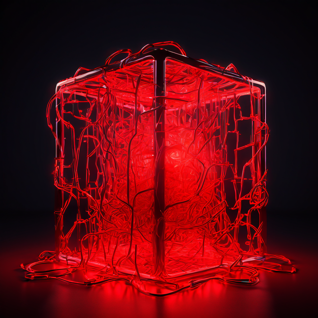 디지털 붕괴와 데이터 손실을 상징하는 3D 와이어프레임 큐브 모델로, 빨갛게 빛나며 부풀어 오른 부분에서 모래가 흘러나와 아래의 엉킨 쇠사슬 더미에 쌓여 있습니다.