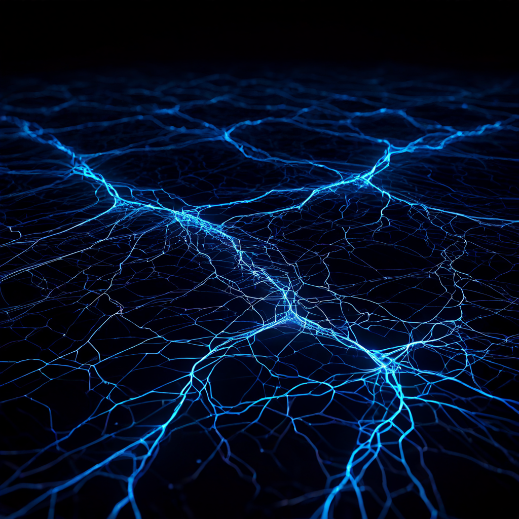 복잡한 시스템의 상호 연결성과 취약성을 상징적으로 표현한 이미지로, 하나의 약한 연결 고리가 끊어지며 전체 네트워크로 퍼져 나가는 균열의 연쇄적 파급 효과를 보여줍니다.