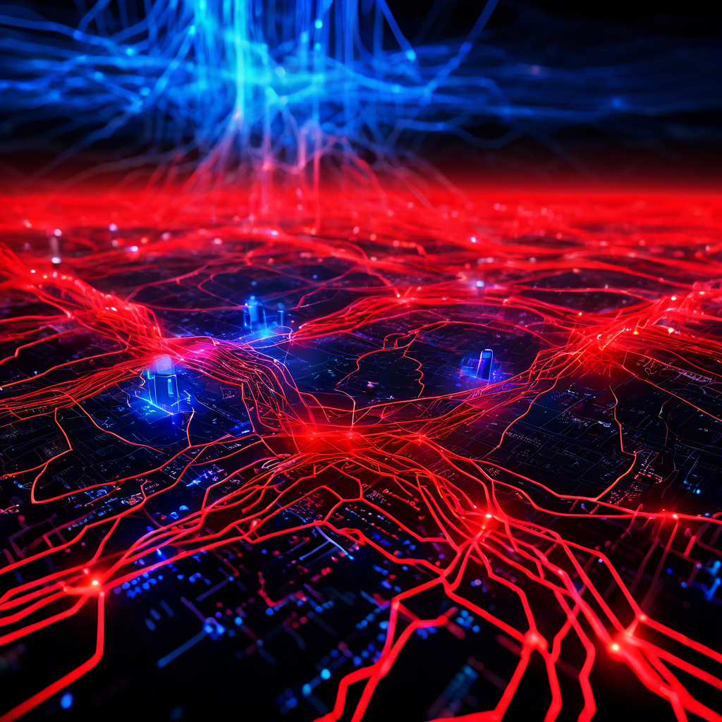 정상적인 파란색 데이터 흐름 네트워크 한가운데 붉은색으로 표시된 단일 오류 데이터 스트림이 불규칙하게 맥동하며 사이버 보안 위협이나 시스템 오류를 시각적으로 상징하는 디지털 개념도입니다.